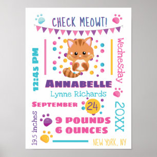 Rainbow Confetti Cute Kitty Cat Birth Stats Poster