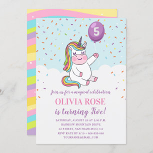 Rainbow Confetti Cute Pink Unicorn Birthday Party Kaart