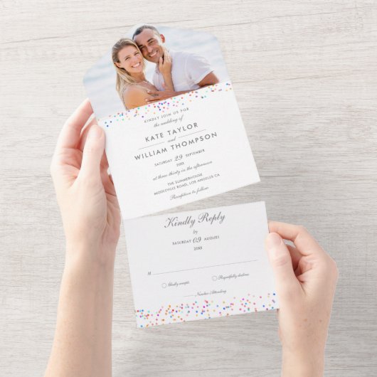 Rainbow Confetti Monogram Foto Weddenschap All In One Uitnodiging (Afscheurbaar)