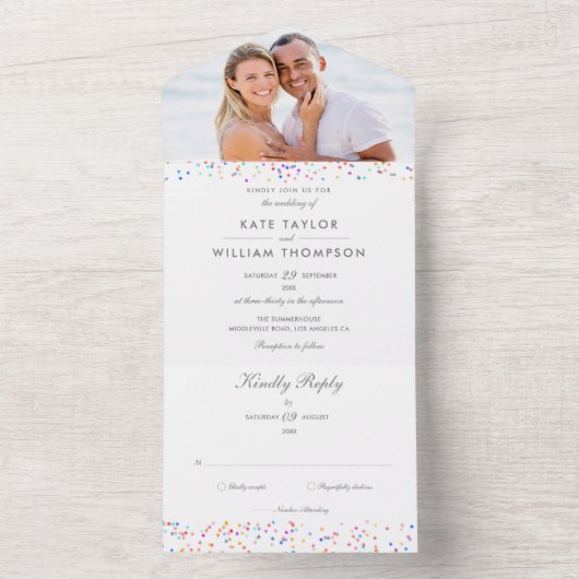 Rainbow Confetti Monogram Foto Weddenschap All In One Uitnodiging (Binnen)