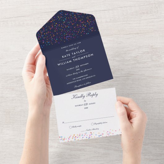 Rainbow Confetti Navy Blue Monogram Weddenschap All In One Uitnodiging (Afscheurbaar)