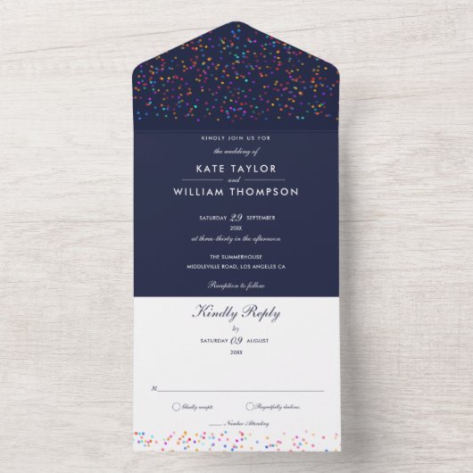 Rainbow Confetti Navy Blue Monogram Weddenschap All In One Uitnodiging (Binnen)