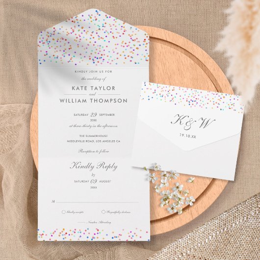Rainbow Confetti Script Monogram Weddenschap All In One Uitnodiging