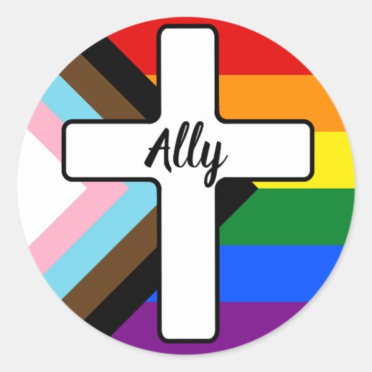 Rainbow Cross Progress Pride Flag Ally Ronde Sticker (Voorkant)
