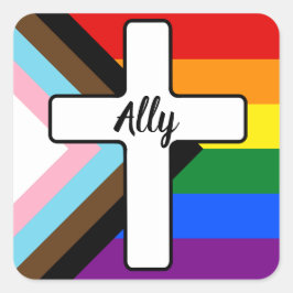 Rainbow Cross Progress Pride Flag Ally Vierkante Sticker