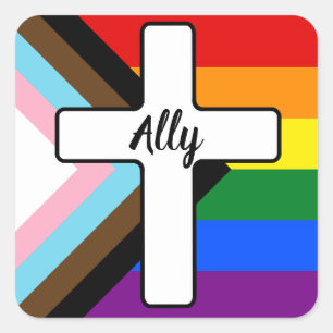 Rainbow Cross Progress Pride Flag Ally Vierkante Sticker