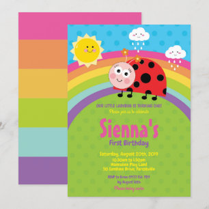 Rainbow Cute Ladybug 1st Birthday Party Girl Kaart