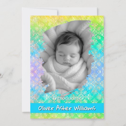 [Rainbow Damask] Soft Pastels Baby Boy Birth Aankondiging (Voorkant)