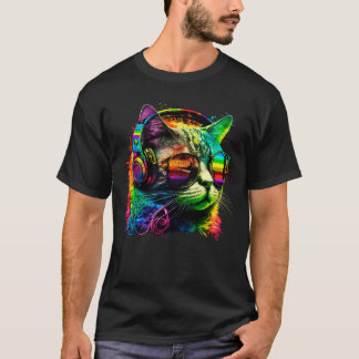 Rainbow Dj-kat met hoofdtelefoon en zonnebrillen T-shirt