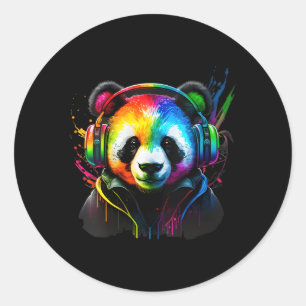Rainbow DJ Panda Hoofdtelefoon Muziek Ronde Sticker