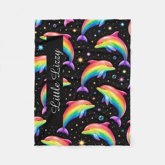 Rainbow Dolphin Fleece Blanket – Kids Custom Name (Voorkant)