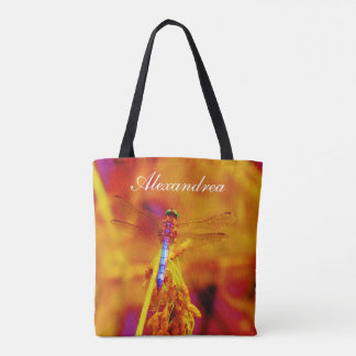 Rainbow Dragonfly Oranje roze achtergrond met naam Tote Bag