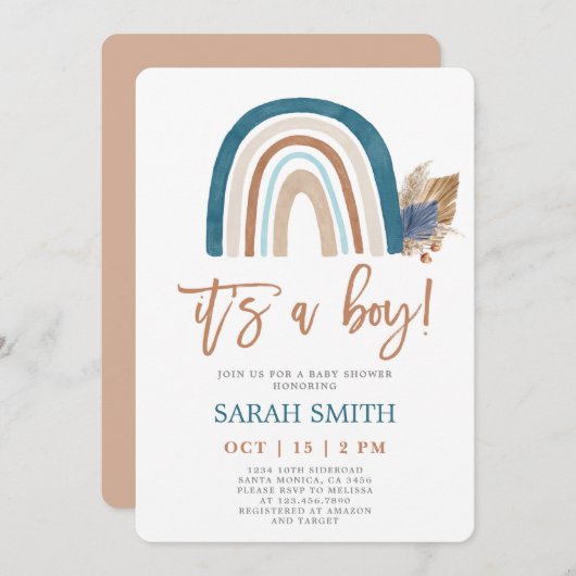 Rainbow Dusty Blue boho Baby shower boy Kaart (Voorkant / Achterkant)