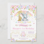 Rainbow Elephant 1st Birthday Invitation Girl Kaart (Voorkant)