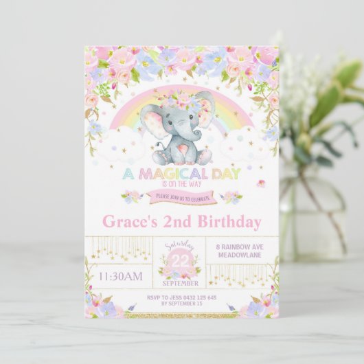 Rainbow Elephant Anniversaire Fête Invitation Fill (Debout devant)