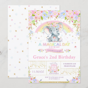 Rainbow Elephant Birthday Party Invitation Girl Kaart