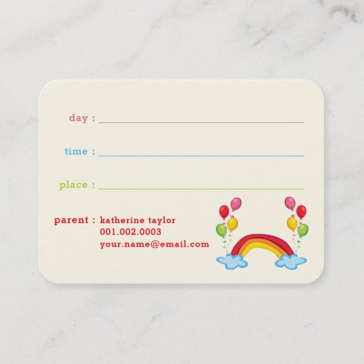 Rainbow en kleurrijke ballonnen Kinder foto afspee Contactkaartje (Achterkant)