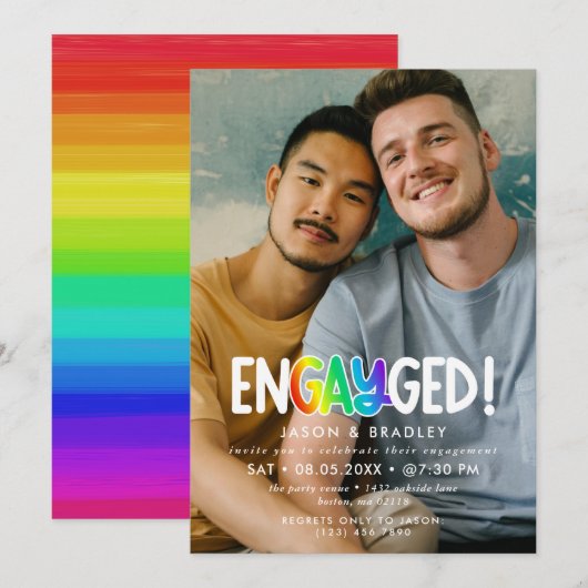 Rainbow Engayged Big Photo Gay Engagement Party Kaart (Voorkant / Achterkant)