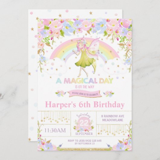 Rainbow Fairy Birthday Invitation Girl (Devant / Derrière)