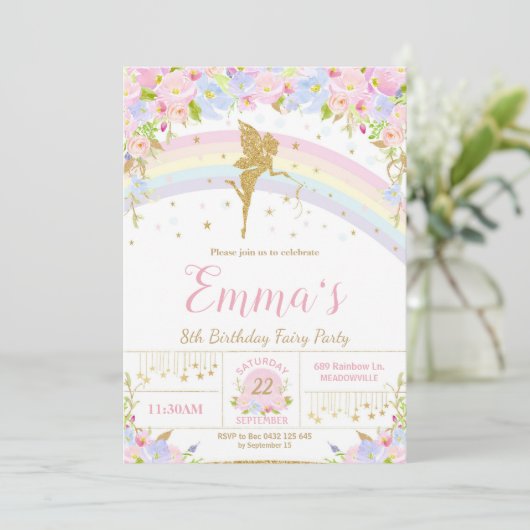 Rainbow Fairy Birthday Party Invitation Girl Kaart (Staand voorkant)