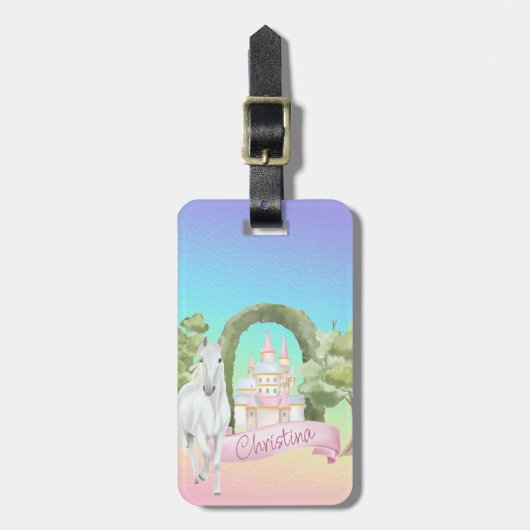 Rainbow Fairy Tale Castle & White Horse Waterverf Bagagelabel (Voorkant verticaal)
