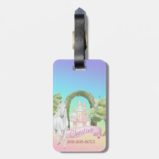 Rainbow Fairy Tale Castle & White Horse Waterverf Bagagelabel (Achterkant verticaal)