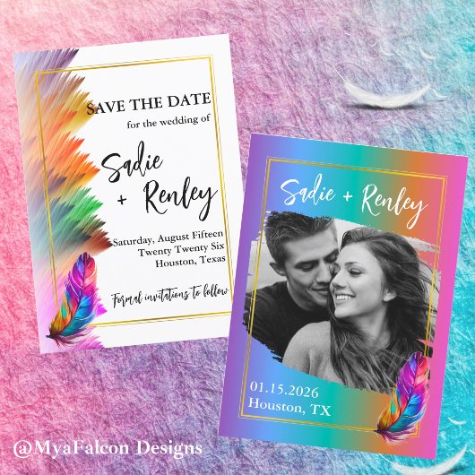 Rainbow Feather Wedding Save the Date Kaart