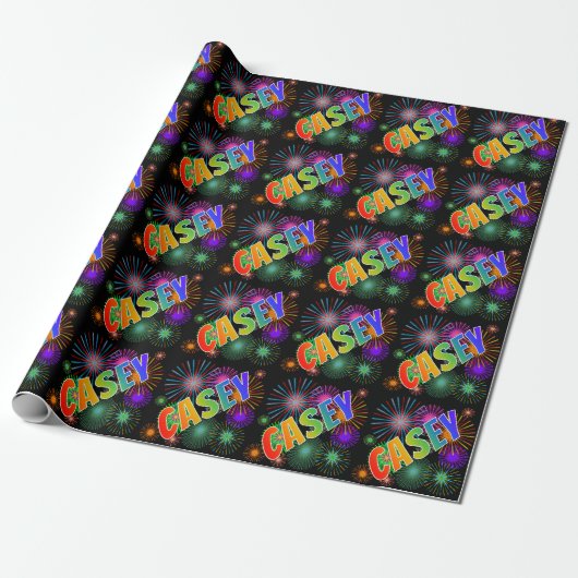Rainbow First Name "CASEY" + Fireworks Cadeaupapier (Uitgerold)