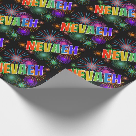 Rainbow First Name "NEVAEH" + Fireworks Cadeaupapier (Hoek)