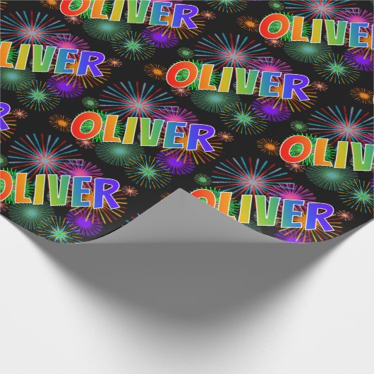 Rainbow First Name "OLIVER" + Fireworks Cadeaupapier (Hoek)