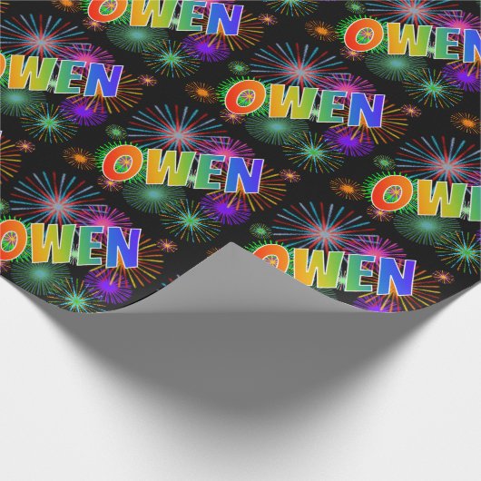 Rainbow First Name "OWEN" + Fireworks Cadeaupapier (Hoek)