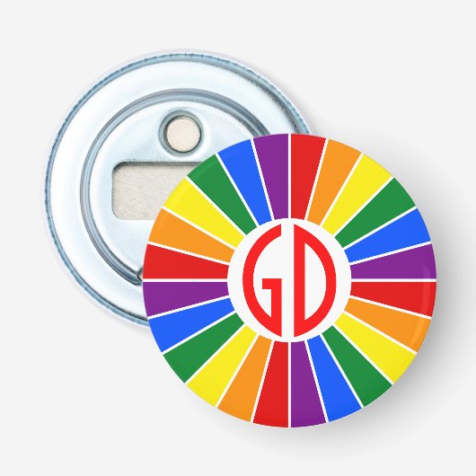 RAINBOW FLAG BUTTON RAYS + uw teken of monogram Flesopener (Voorkant)
