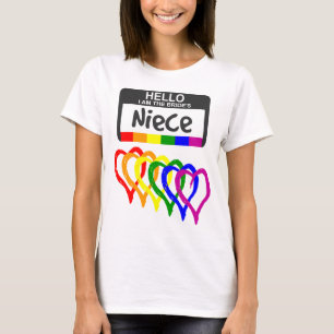 Rainbow Flag Hearts Bride Niece Name Badge T-shirt
