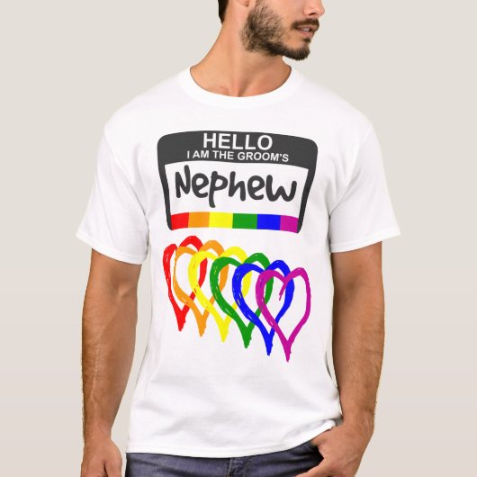 Rainbow Flag Hearts Groom Nephew Name Badge T-shirt (Voorkant)