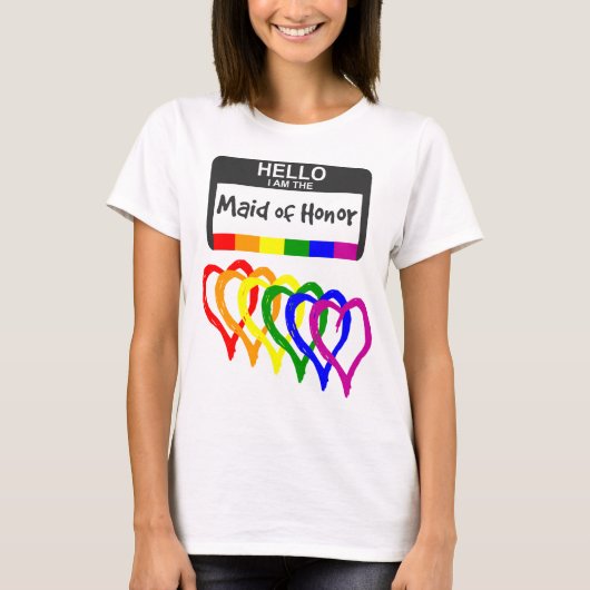 Rainbow Flag Hearts Maid of Honor Name Badge T-shirt (Voorkant)