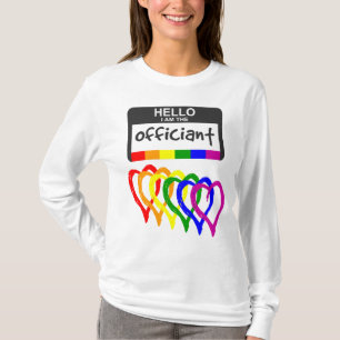 Rainbow Flag Hearts Wedding Officant Name Badge T-shirt