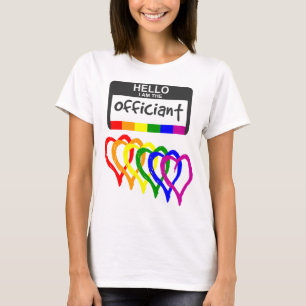 Rainbow Flag Hearts Wedding Officant Name Badge T-shirt