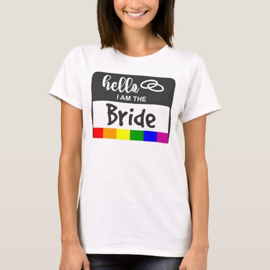Rainbow Flag Wedding Hallo Name Badge for Bride T-shirt (Voorkant)