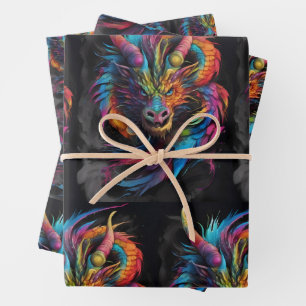Rainbow Flame - Meerkleurige Fantasy Dragon Inpakpapier Vel