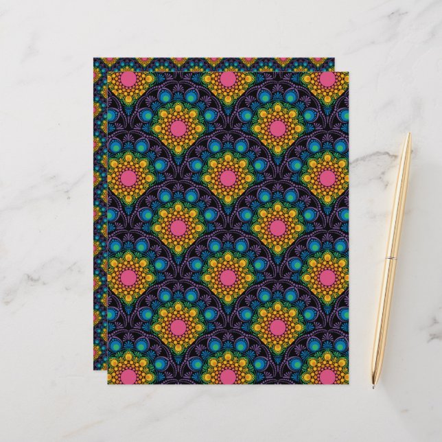 Rainbow Floral Fountain Mandala Art Deco Scallop (Voorkant / Achterkant in situ)