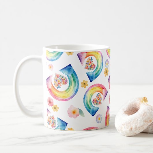 Rainbow Floral Heart Mok – Bright Waterverf Gift (Met donut)
