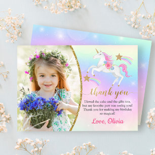 Rainbow Floral Magical Unicorn Girl Birthday Photo Bedankkaart
