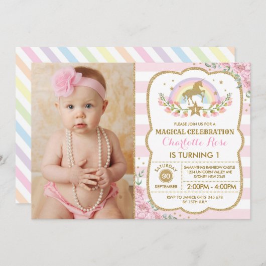 Rainbow Floral Unicorn Invitation de fête d'annive (Devant / Derrière)