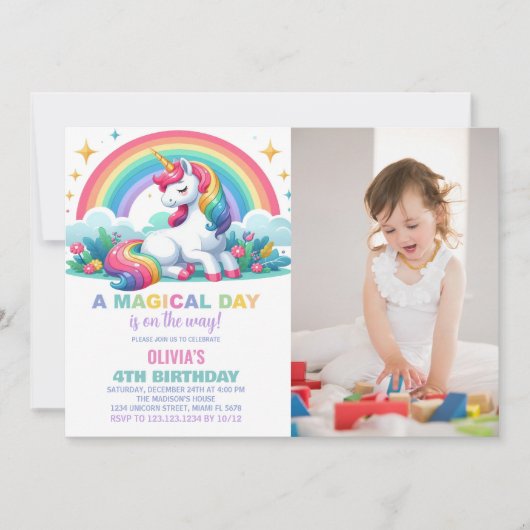 Rainbow Floral Unicorn Invitations Anniversaire Ph (Devant)