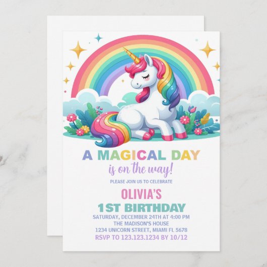 Rainbow Floral Unicorn Invitations d'anniversaire (Devant / Derrière)
