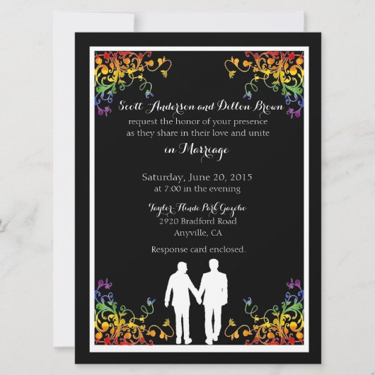 Rainbow Flourishes Gay Wedding Invitations Kaart (Voorkant)