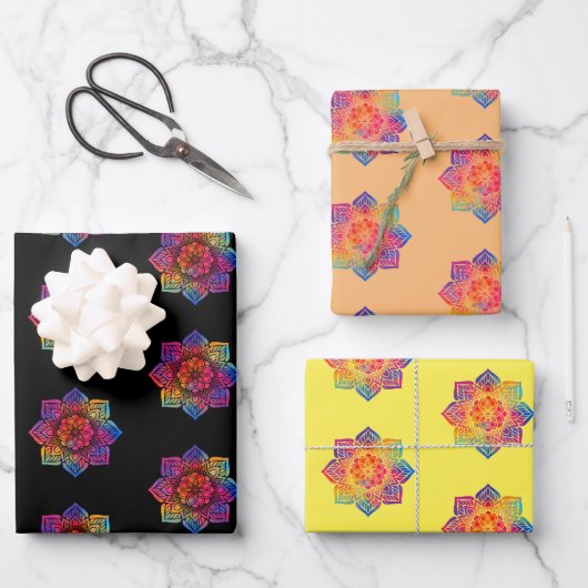 Rainbow Flower Mandala Pattern Trio Inpakpapier Vel (Voorkant)
