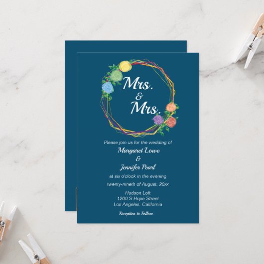 Rainbow Flowers Mrs lesbian bruiloft-uitnodiging  Kaart (Voorkant / Achterkant in situ)