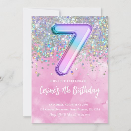 Rainbow Foil Girl 7e anniversaire Invitation (Devant)