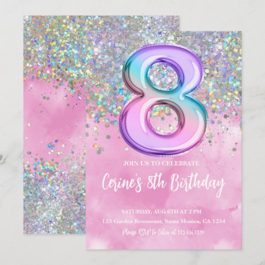 Rainbow Foil Girl 8e anniversaire Invitation (Devant / Derrière)